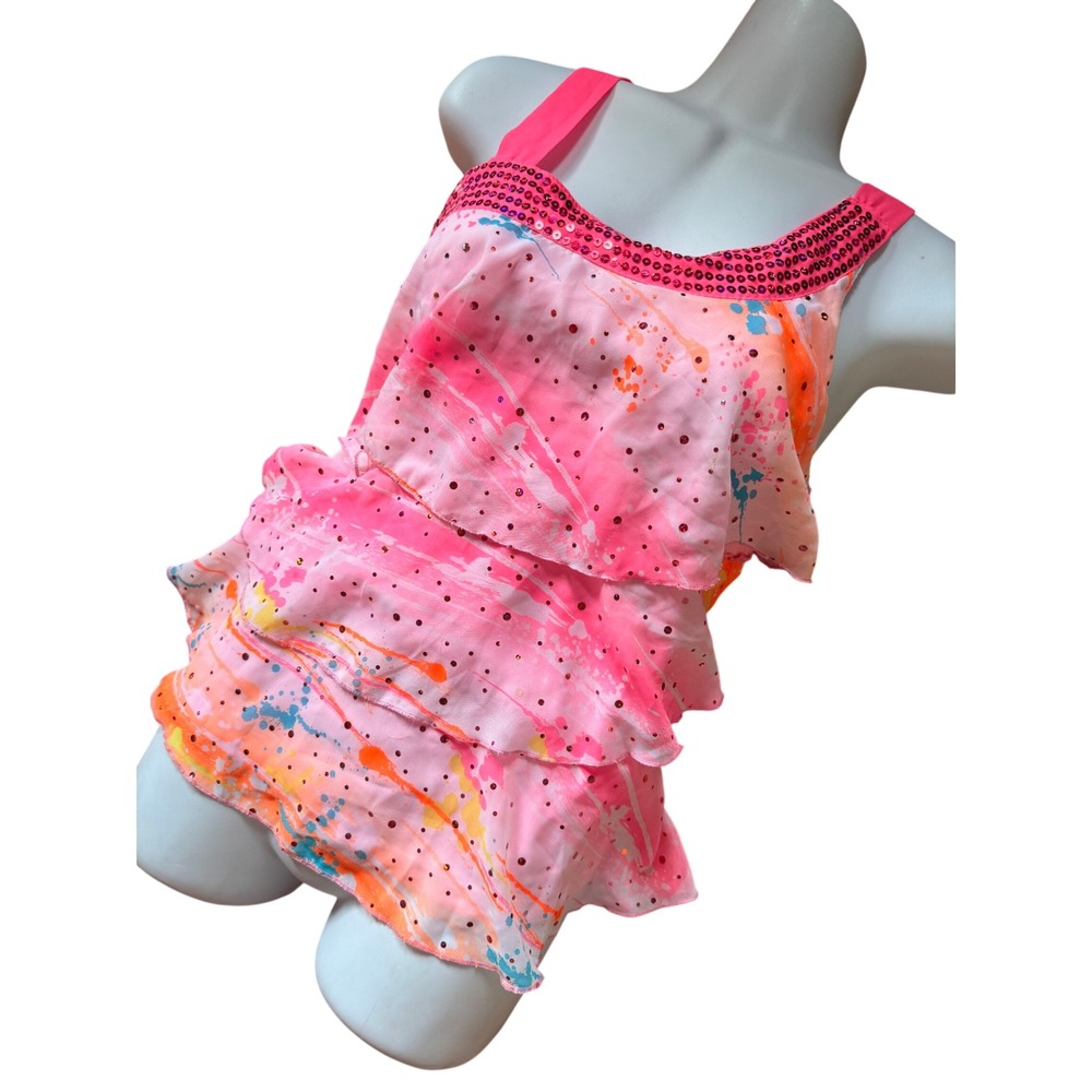 Y2K Justice Girls Neon Pink Paint Splatter Tiered Sequin Ruffle Tank Top